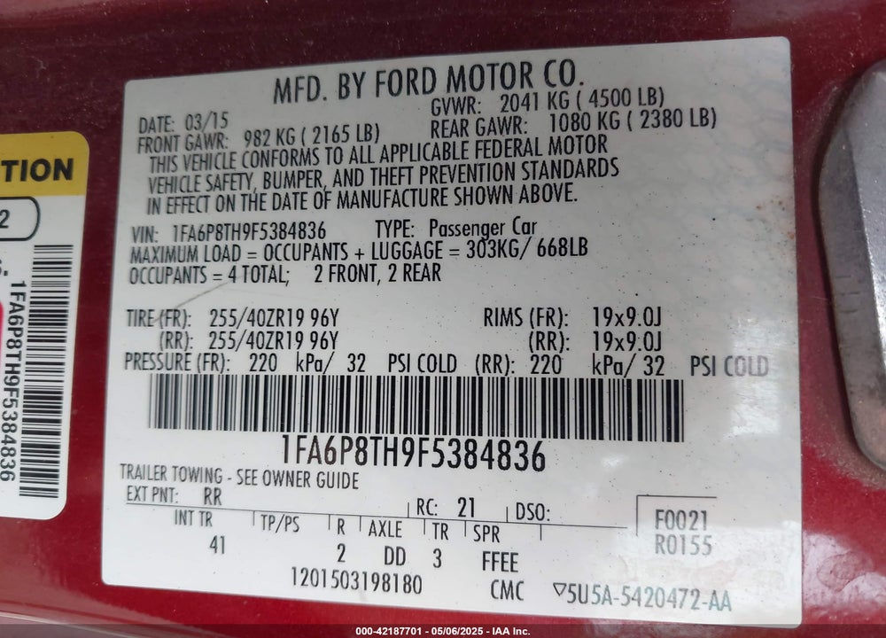2015 FORD MUSTANG VIN: 1FA6P8TH9F5384836