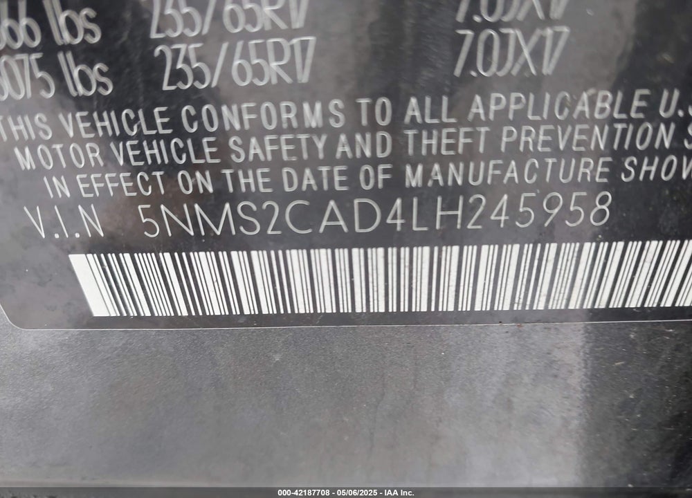 2020 HYUNDAI SANTA FE VIN: 5NMS2CAD4LH245958