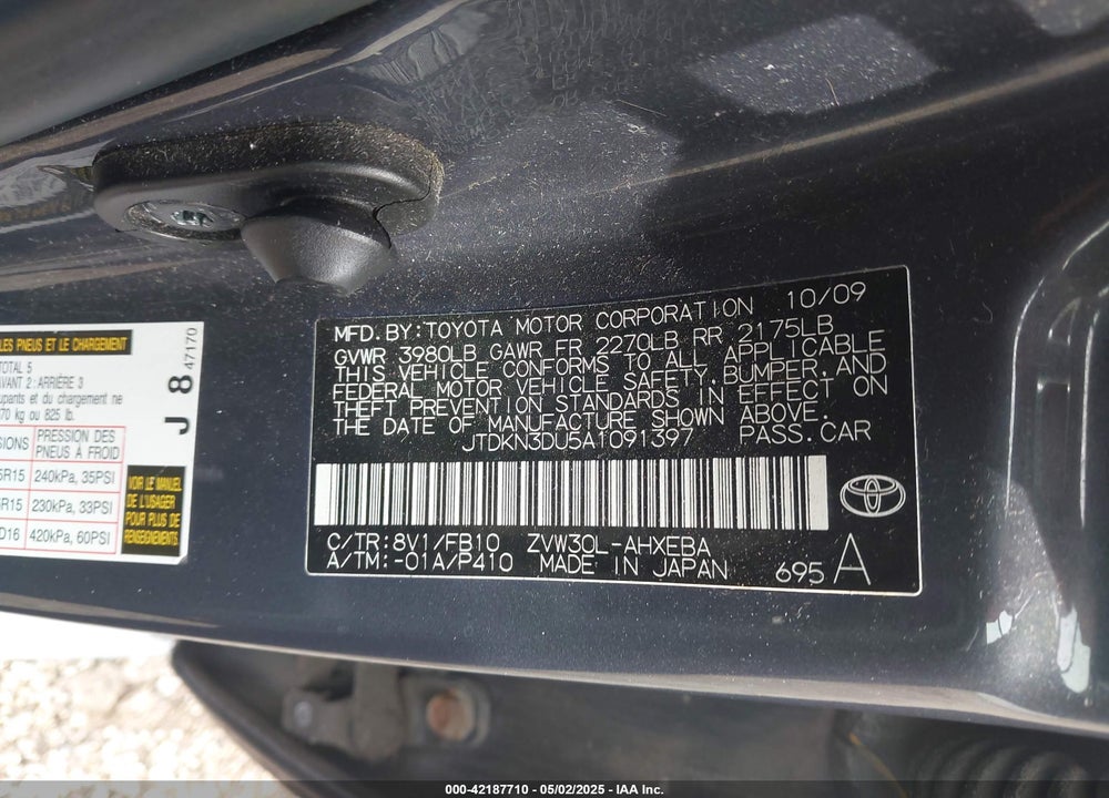 2010 TOYOTA PRIUS III VIN: JTDKN3DU5A1091397