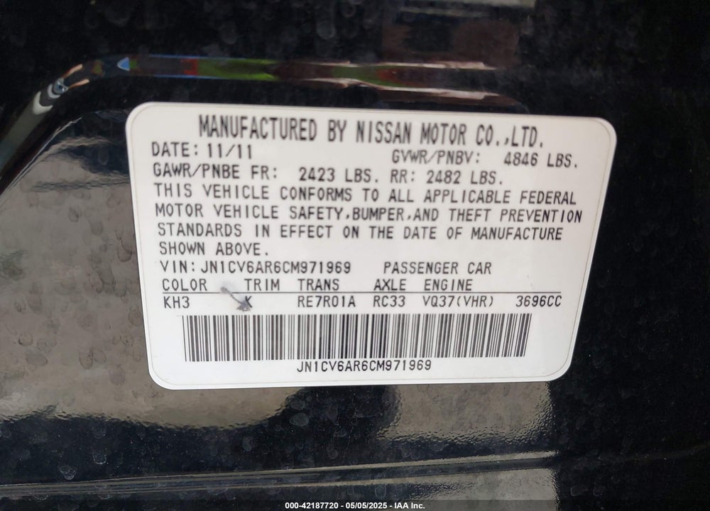2012 INFINITI G37X VIN: JN1CV6AR6CM971969