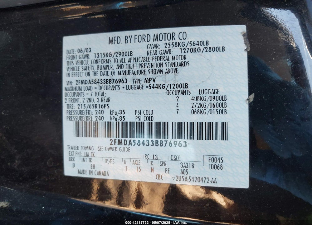 2003 FORD WINDSTAR VIN: 2FMDA58433BB76963