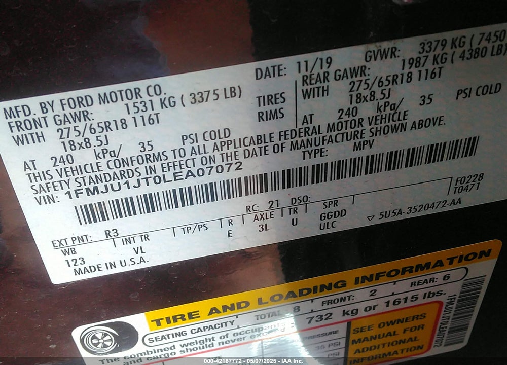 2020 FORD EXPEDITION VIN: 1FMJU1JT0LEA07072