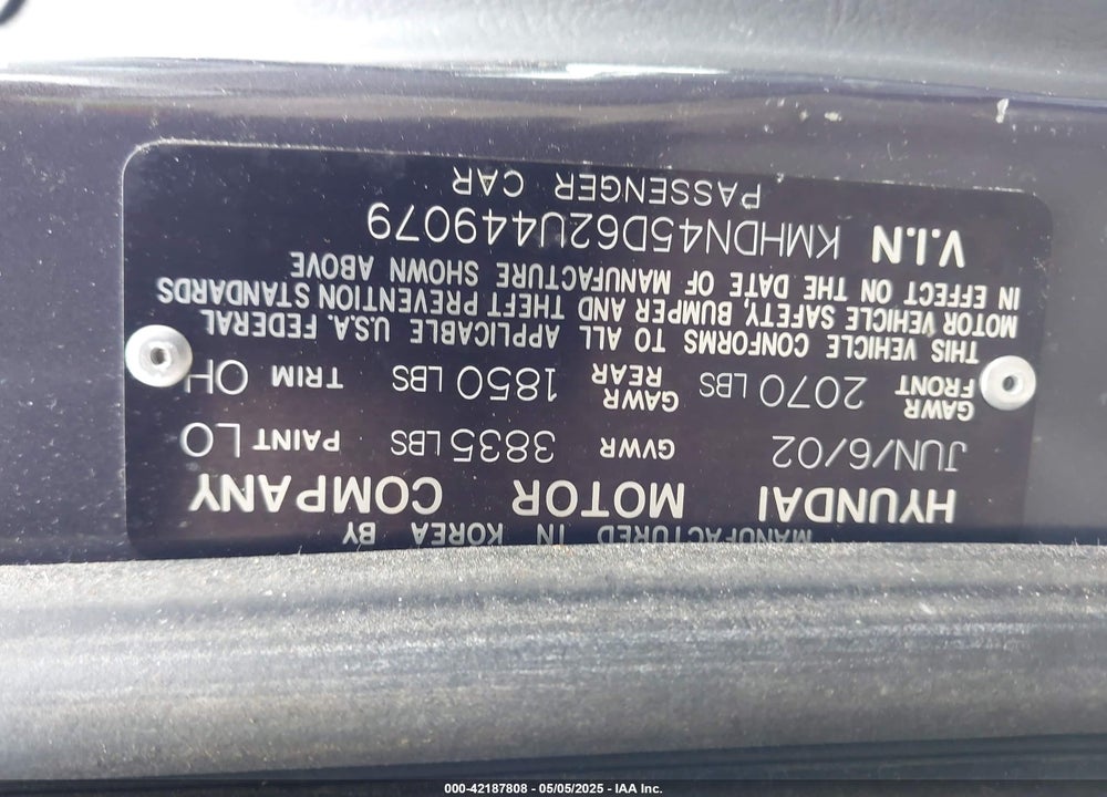 2002 HYUNDAI ELANTRA VIN: KMHDN45D62U449079