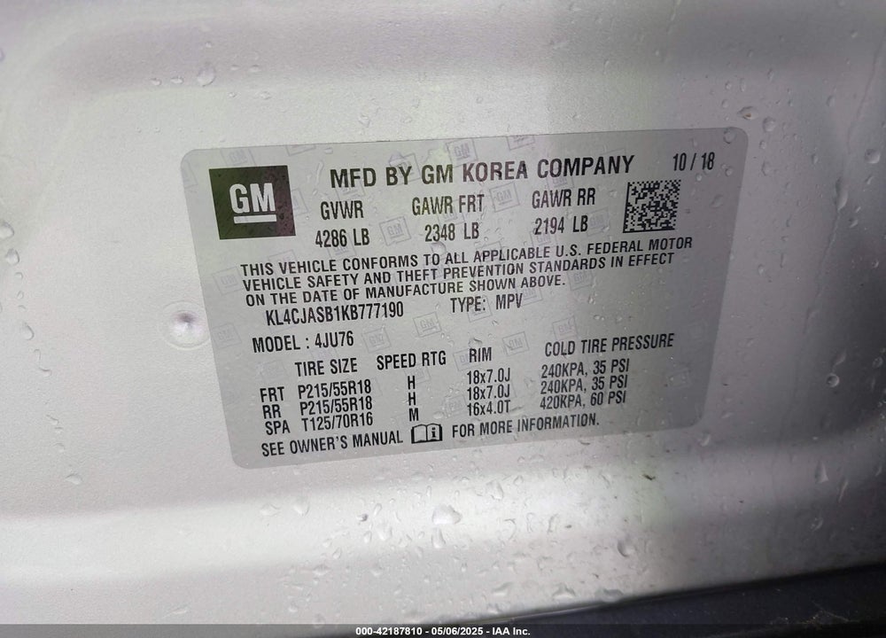 2019 BUICK ENCORE FWD PREFERRED VIN: KL4CJASB1KB777190
