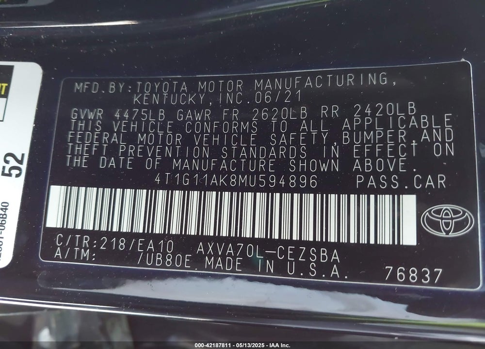 2021 TOYOTA CAMRY VIN: 4T1G11AK8MU594896
