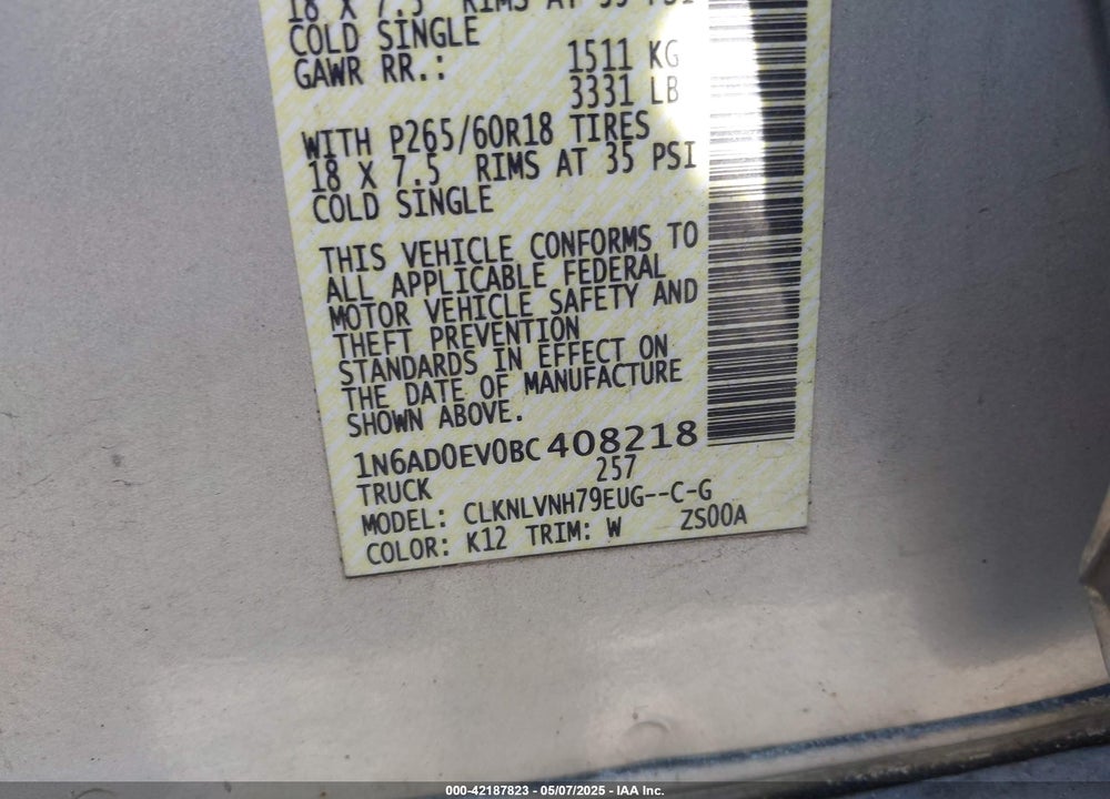 2011 NISSAN FRONTIER VIN: 1N6AD0EV0BC408218
