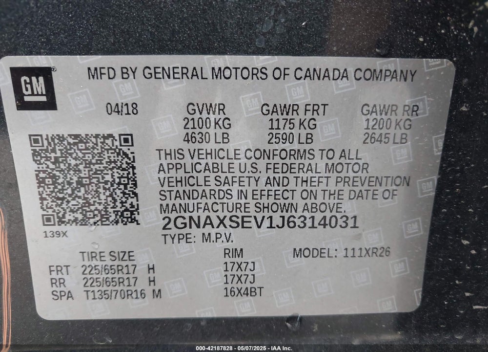 2018 CHEVROLET EQUINOX VIN: 2GNAXSEV1J6314031