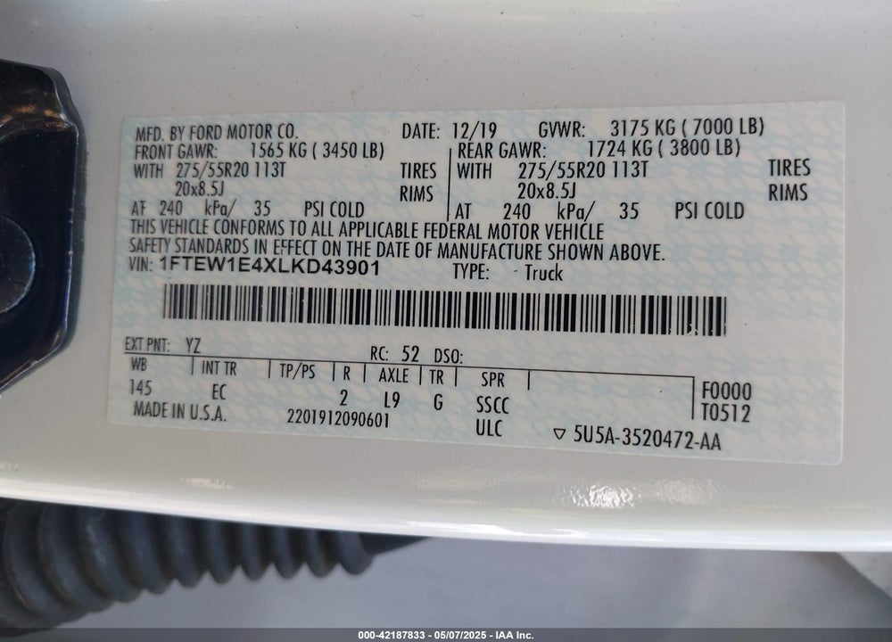 2020 FORD F-150 LARIAT VIN: 1FTEW1E4XLKD43901