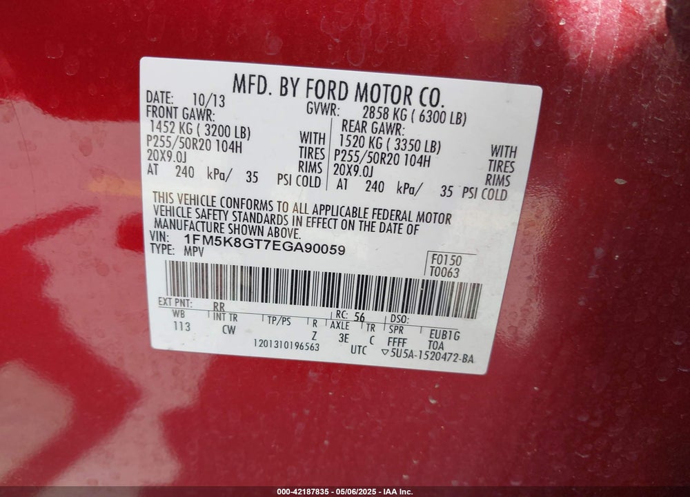 2014 FORD EXPLORER SPORT VIN: 1FM5K8GT7EGA90059