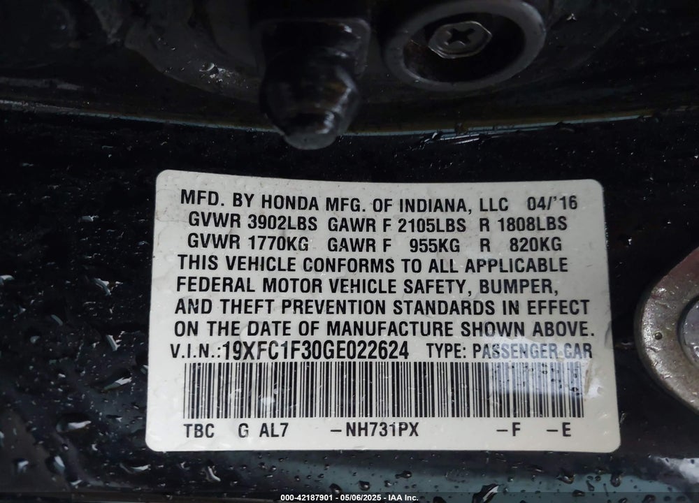 2016 HONDA CIVIC EX-T VIN: 19XFC1F30GE022624