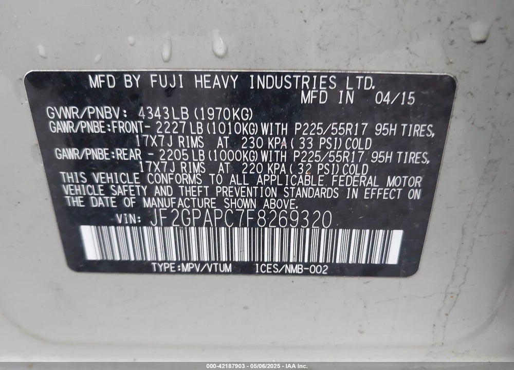 2015 SUBARU XV CROSSTREK VIN: JF2GPAPC7F8269320