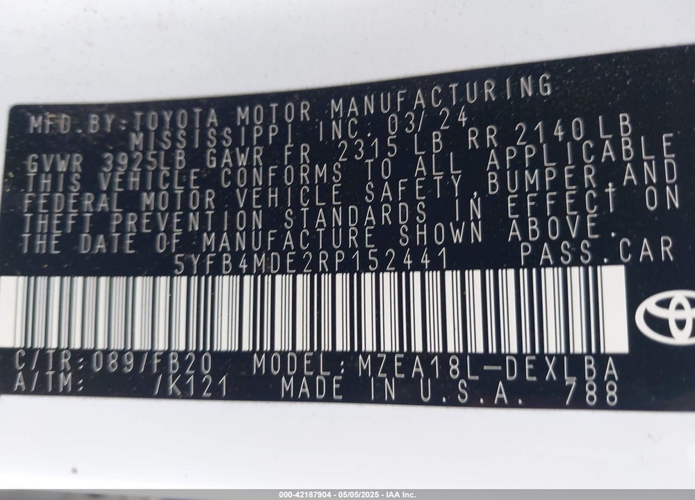 2024 TOYOTA COROLLA VIN: 5YFB4MDE2RP152441