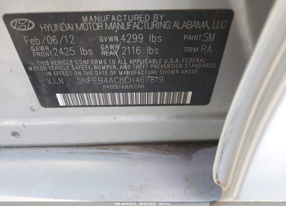 2012 HYUNDAI SONATA VIN: 5NPEB4AC8CH467819