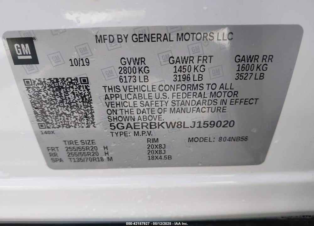 2020 BUICK ENCLAVE VIN: 5GAERBKW8LJ159020