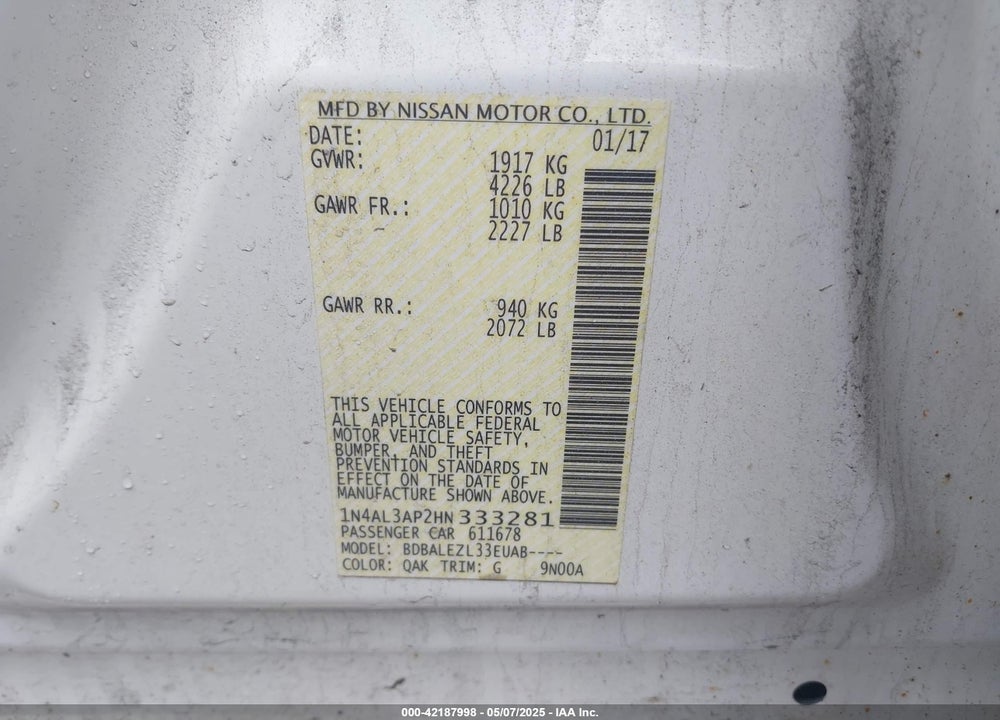 2017 NISSAN ALTIMA VIN: 1N4AL3AP2HN333281