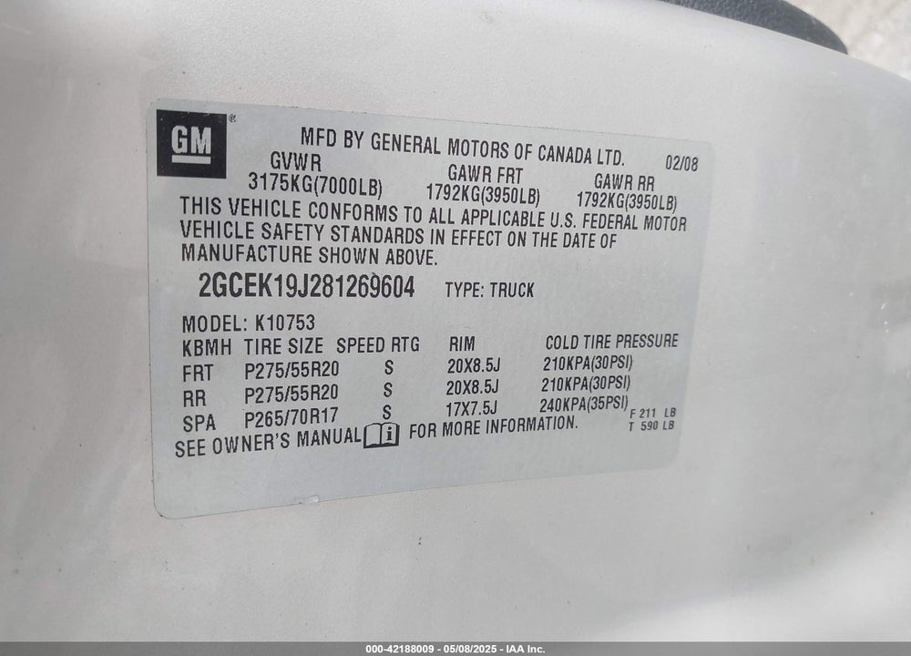 2008 CHEVROLET SILVERADO 1500 VIN: 2GCEK19J281269604