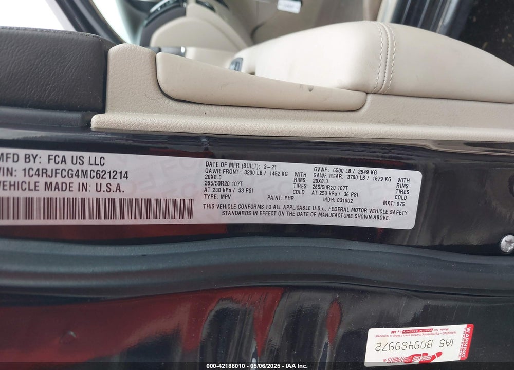 2021 JEEP GRAND CHEROKEE OVERLAND 4X4 VIN: 1C4RJFCG4MC621214