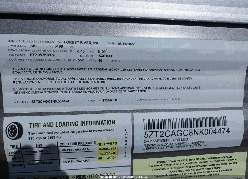 2022 CATALINA OTHER VIN: 5ZT2CAGC8NK004474