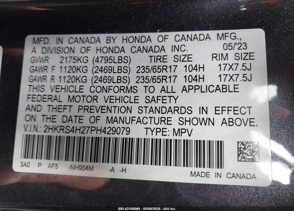 2023 HONDA CR-V VIN: 2HKRS4H27PH429079