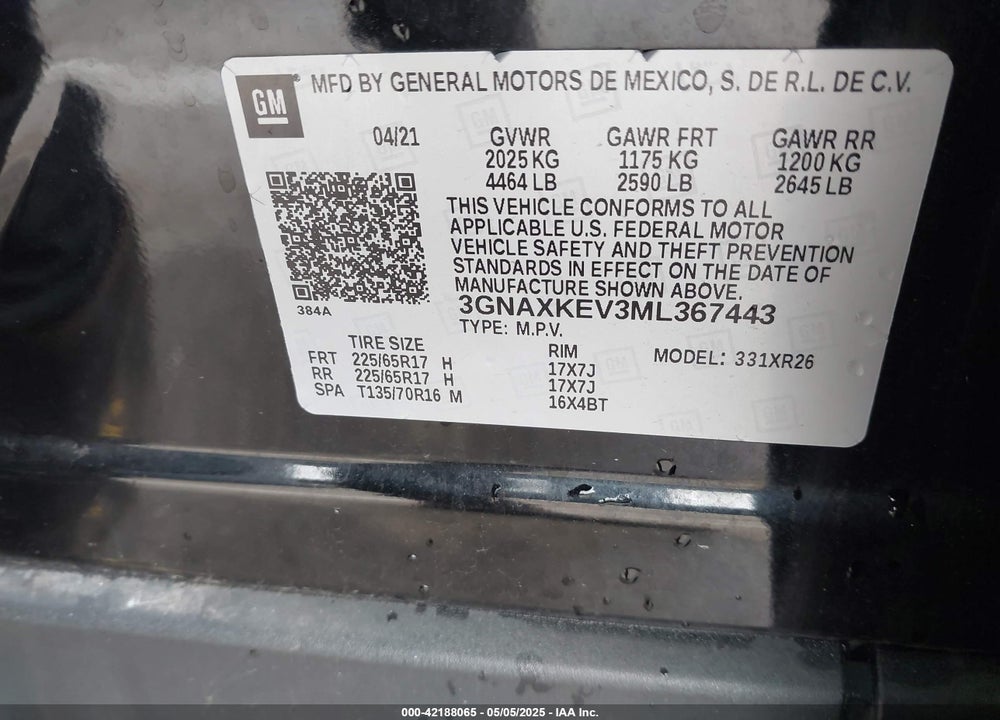 2021 CHEVROLET EQUINOX FWD LT VIN: 3GNAXKEV3ML367443
