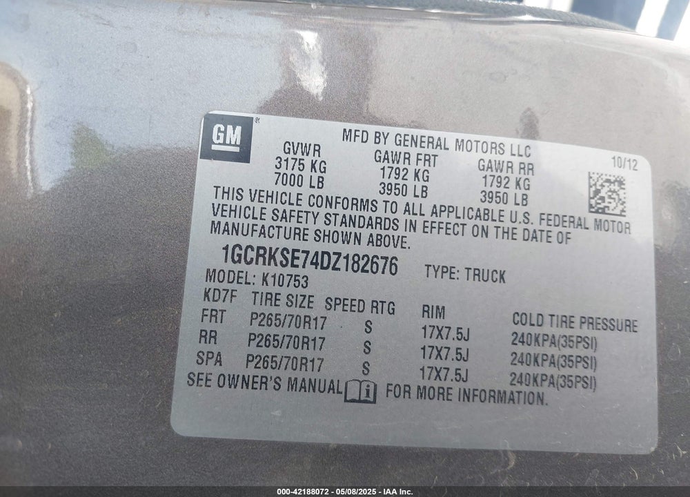 2013 CHEVROLET SILVERADO 1500 VIN: 1GCRKSE74DZ182676