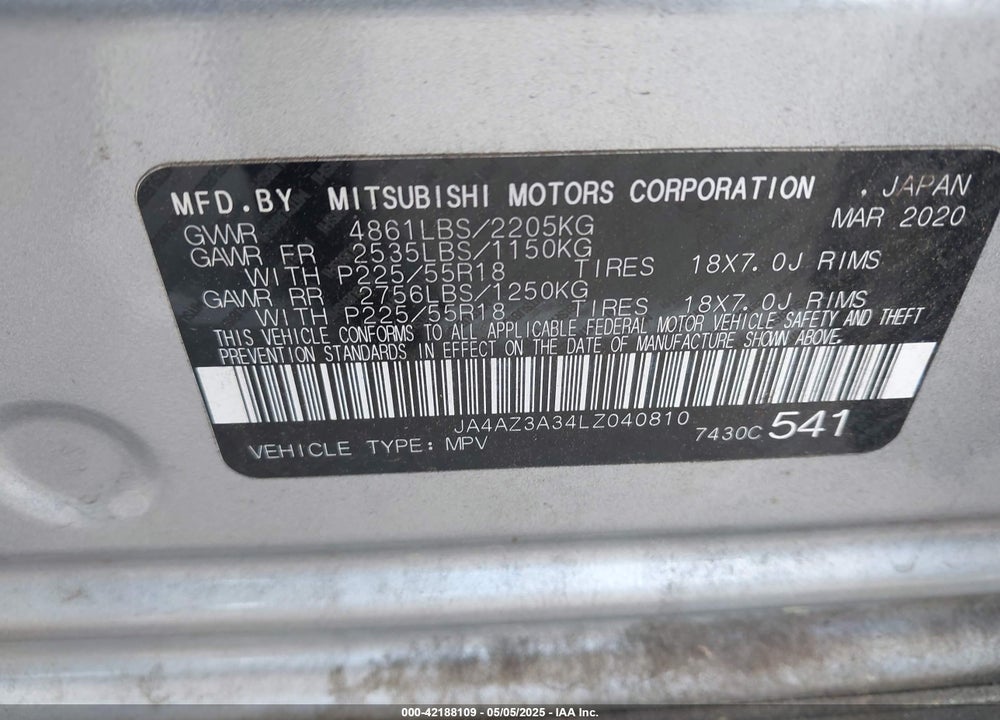 2020 MITSUBISHI OUTLANDER VIN: JA4AZ3A34LZ040810