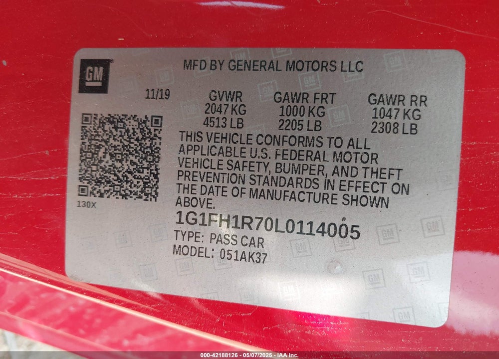 2020 CHEVROLET CAMARO VIN: 1G1FH1R70L0114005