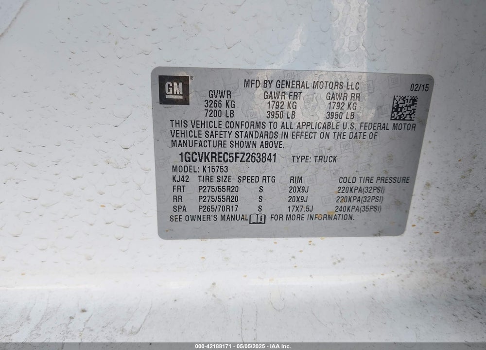 2015 CHEVROLET SILVERADO 1500 VIN: 1GCVKREC5FZ263841
