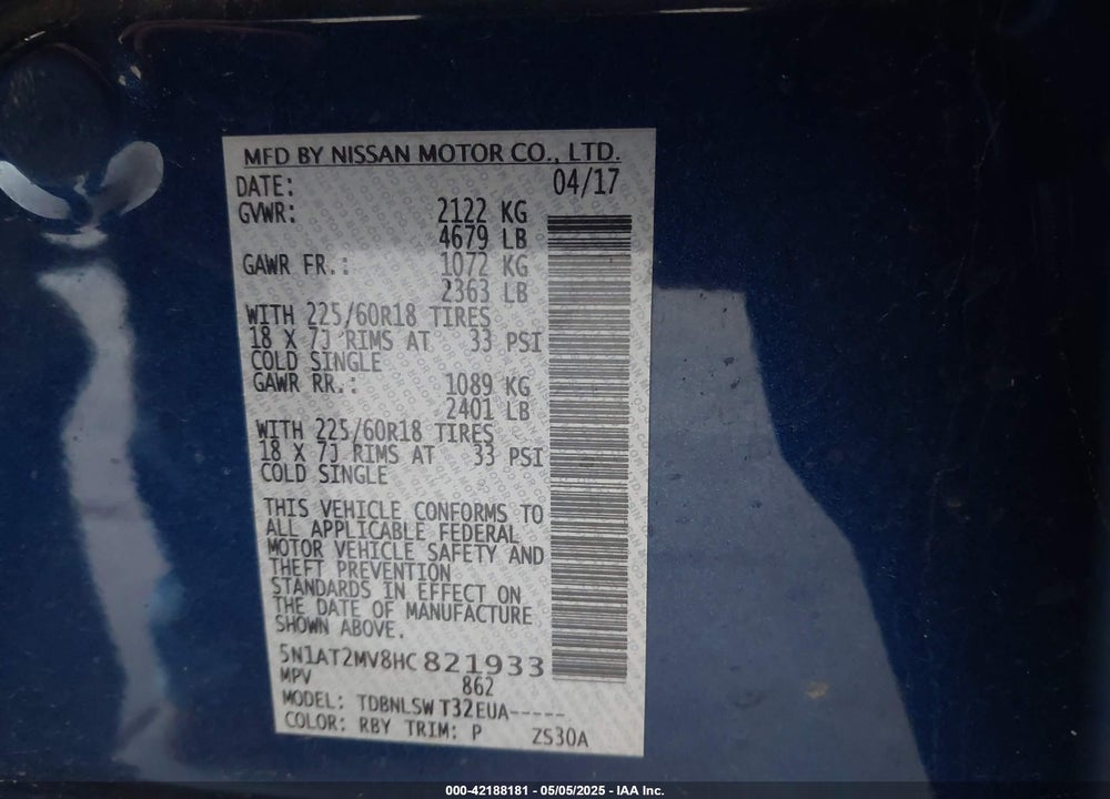 2017 NISSAN ROGUE VIN: 5N1AT2MV8HC821933