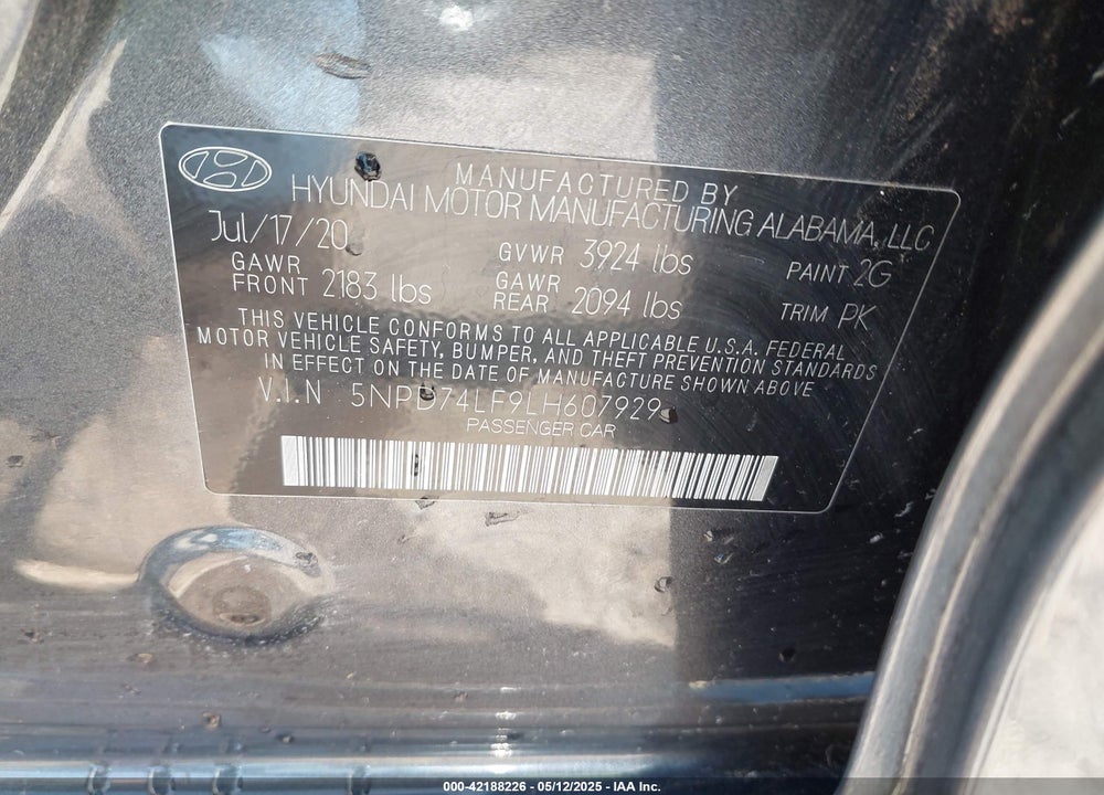 2020 HYUNDAI ELANTRA VIN: 5NPD74LF9LH607929