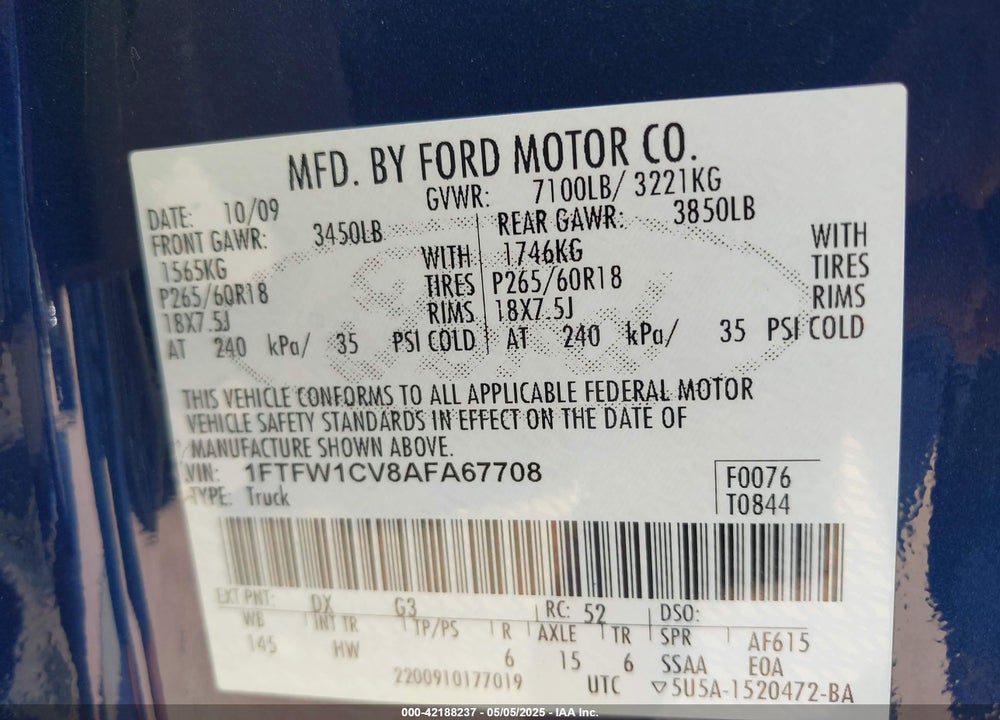 2010 FORD F-150 VIN: 1FTFW1CV8AFA67708
