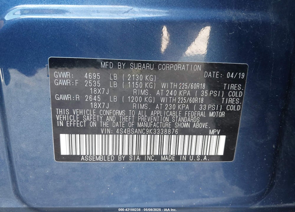 2019 SUBARU OUTBACK VIN: 4S4BSANC9K3338876