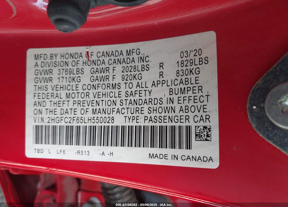 2020 HONDA CIVIC VIN: 2HGFC2F65LH550028