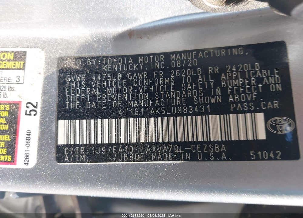 2020 TOYOTA CAMRY VIN: 4T1G11AK5LU983431