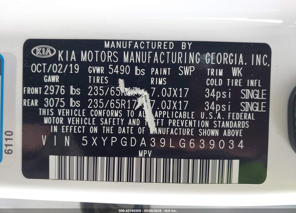 2020 KIA SORENTO VIN: 5XYPGDA39LG639034