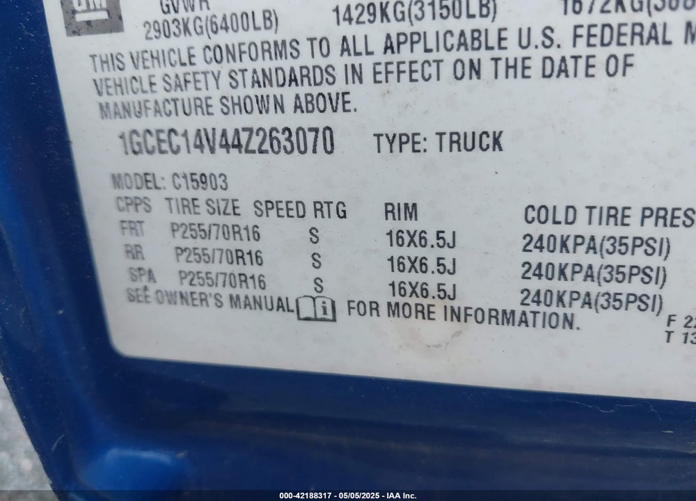 2004 CHEVROLET SILVERADO 1500 WORK TRUCK VIN: 1GCEC14V44Z263070