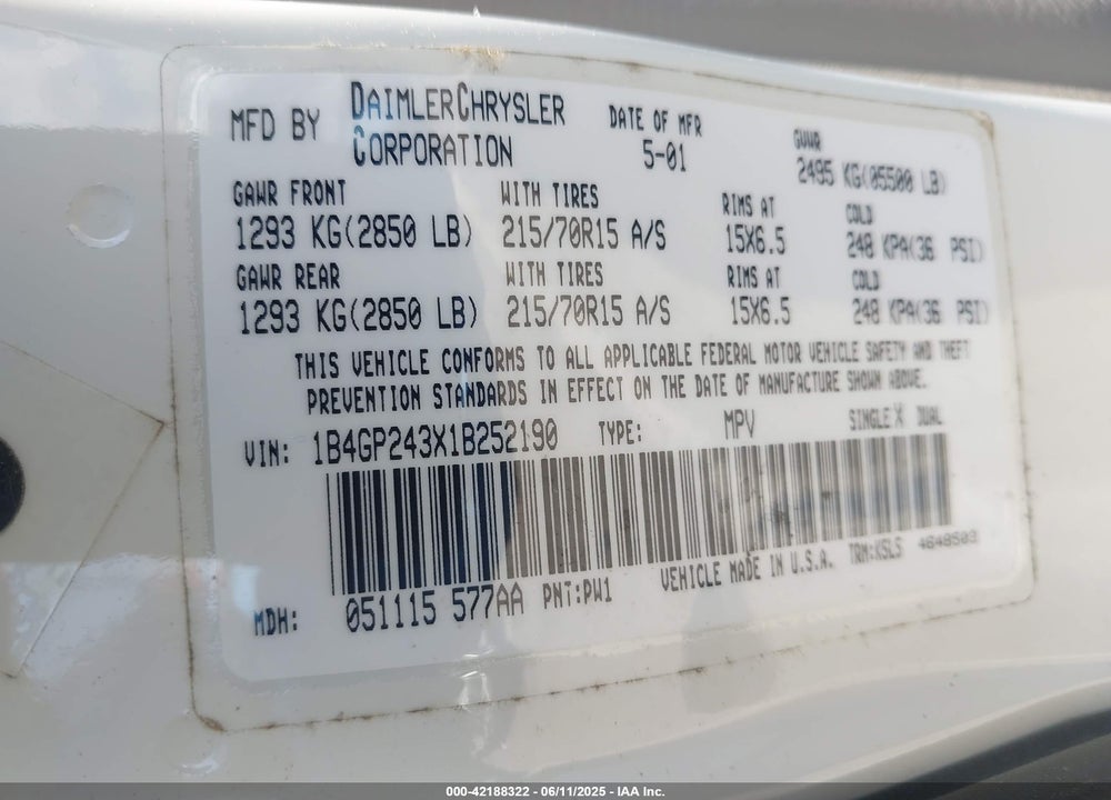 2001 DODGE GRAND CARAVAN SE VIN: 1B4GP243X1B252190