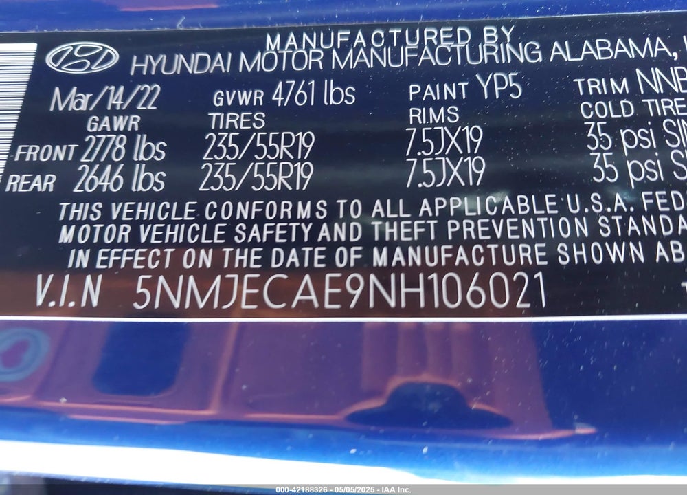 2022 HYUNDAI TUCSON VIN: 5NMJECAE9NH106021