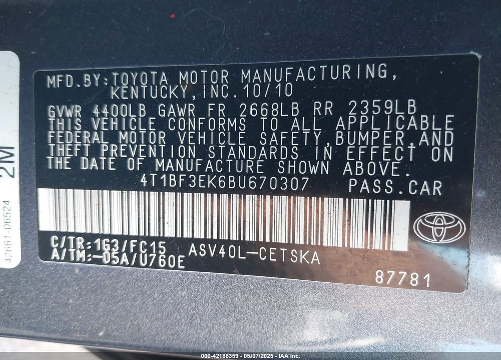 2011 TOYOTA CAMRY VIN: 4T1BF3EK6BU670307