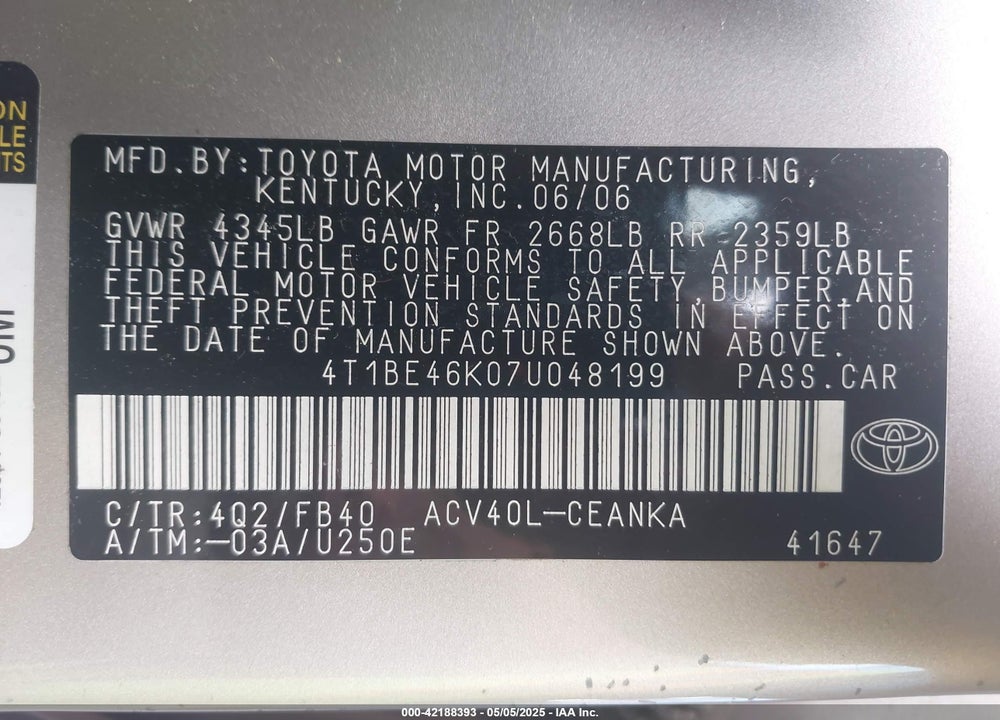 2007 TOYOTA CAMRY LE VIN: 4T1BE46K07U048199