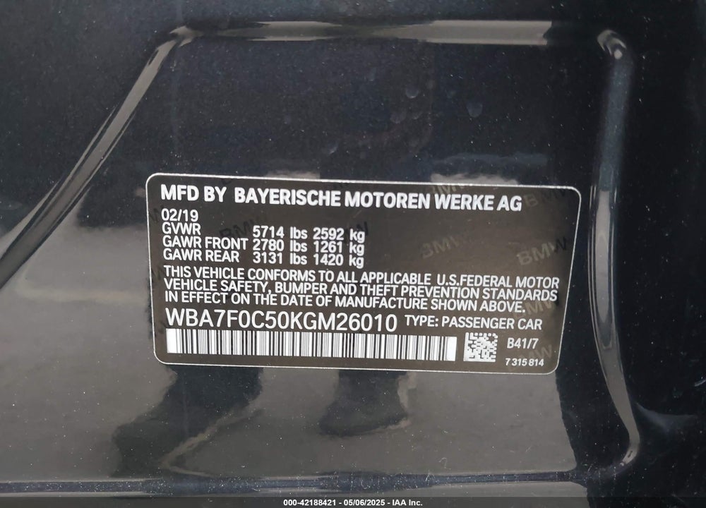 2019 BMW 750I VIN: WBA7F0C50KGM26010