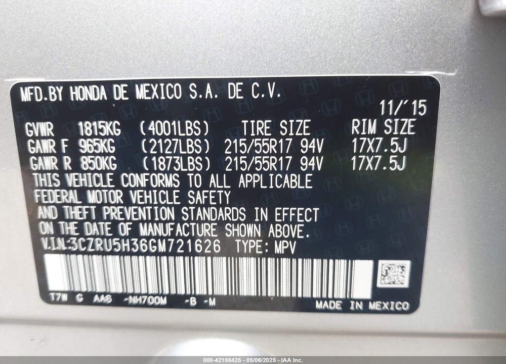 2016 HONDA HR-V VIN: 3CZRU5H36GM721626