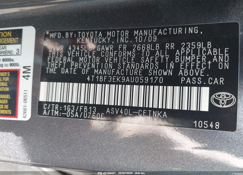 2010 TOYOTA CAMRY VIN: 4T1BF3EK9AU059170