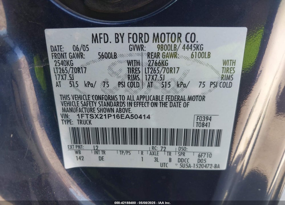 2006 FORD F-250 VIN: 1FTSX21P16EA50414