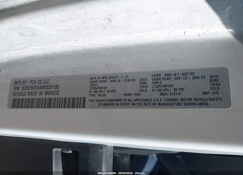 2021 RAM PROMASTER 2500 HIGH ROOF 159 WB VIN: 3C6LRVDG4ME528135