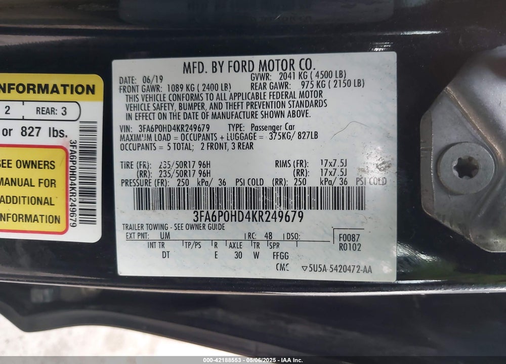 2019 FORD FUSION VIN: 3FA6P0HD4KR249679
