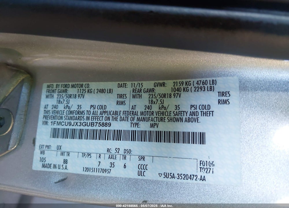 2016 FORD ESCAPE TITANIUM VIN: 1FMCU9JX3GUB75889