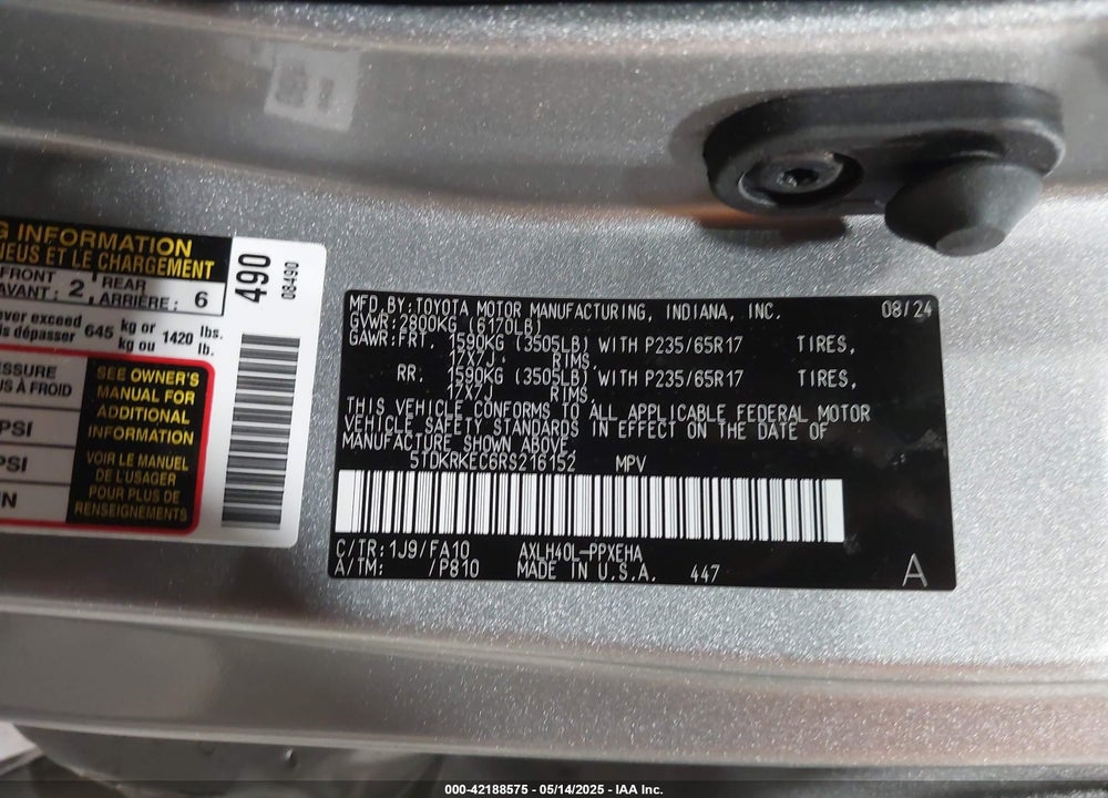 2024 TOYOTA SIENNA LE VIN: 5TDKRKEC6RS216152