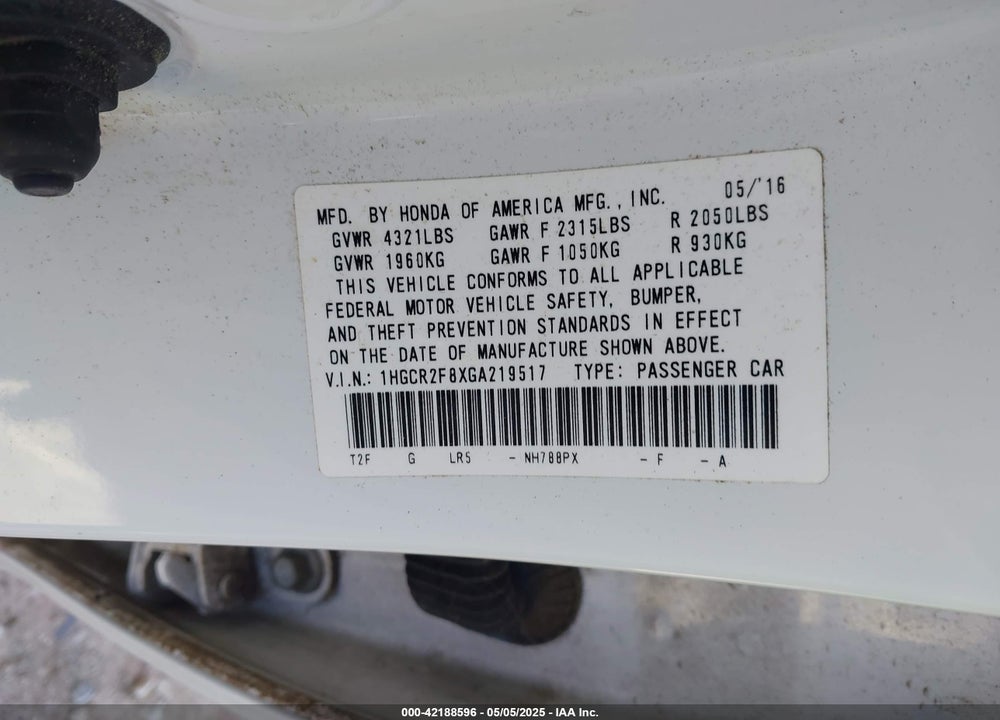2016 HONDA ACCORD EX-L VIN: 1HGCR2F8XGA219517