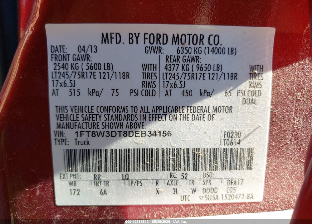 2013 FORD F-350 LARIAT VIN: 1FT8W3DT8DEB34156